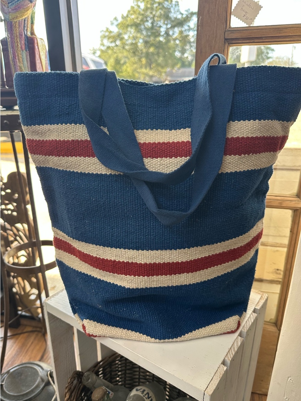 Canvas Striped Tote Bag - Blue & Red